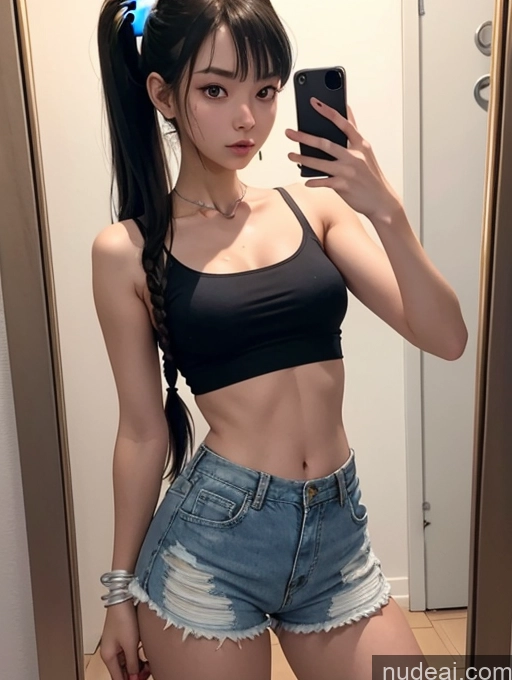 ai nude image of araffe asian woman taking a selfie in a mirror pics of Woman Several Small Tits Beautiful Small Ass Skinny Long Legs Tall Pubic Hair 18 Serious Black Hair Pigtails Japanese Mirror Selfie Front View Daisy Dukes Gold Jewelry Transparent