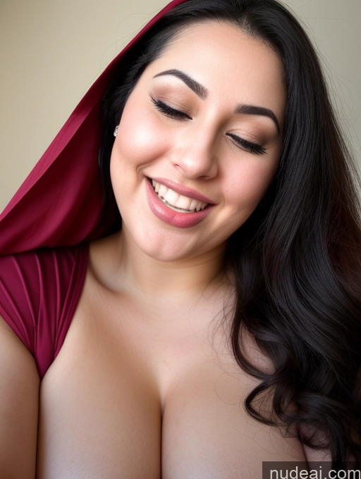 ai nude image of arafed woman with a red hood on her head smiling pics of Woman One Beautiful Lipstick Fairer Skin 30s Black Hair Detailed Simple Big Ass Big Hips Thick Chubby Fat Sexy Face Orgasm Laughing Slicked Happy Perfect Boobs Niqab Egyptian Straddling