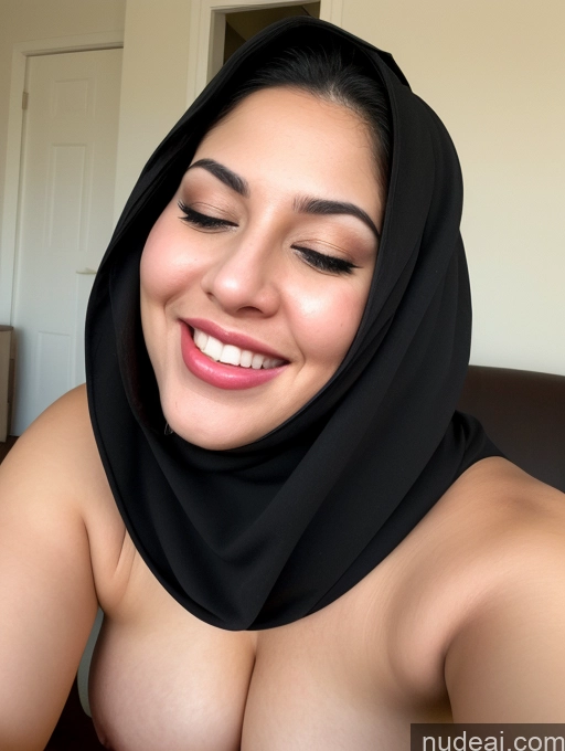 ai nude image of araffed woman with a black scarf on her head and a smile pics of Woman One Beautiful Lipstick Fairer Skin 30s Black Hair Detailed Simple Big Ass Big Hips Thick Chubby Fat Sexy Face Orgasm Laughing Slicked Happy Perfect Boobs Niqab Egyptian Straddling