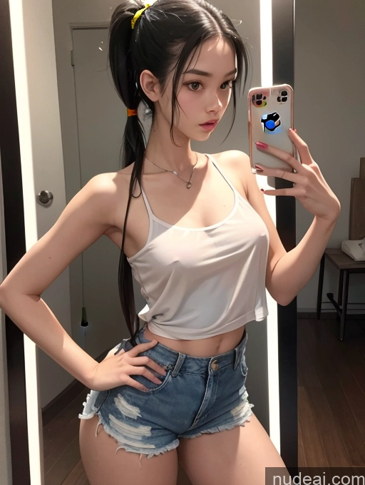 ai nude image of araffe asian woman taking a selfie in a mirror pics of Woman Several Small Tits Beautiful Small Ass Skinny Long Legs Tall Pubic Hair 18 Serious Black Hair Pigtails Japanese Mirror Selfie Front View Daisy Dukes Gold Jewelry Transparent