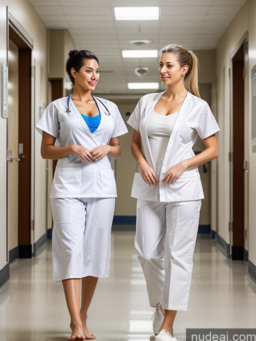 ai nude image of two women in white scrub suits walking down a hallway pics of Woman Busty Ponytail White Hospital Nurse Cleavage Two