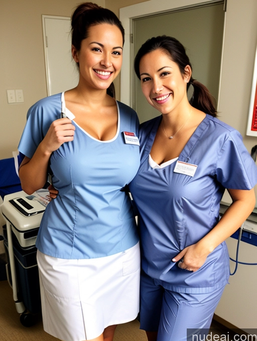 ai nude image of two women in scrub suits posing for a picture in a hospital pics of Woman Busty Ponytail White Hospital Nurse Cleavage Two Orgasm Happy