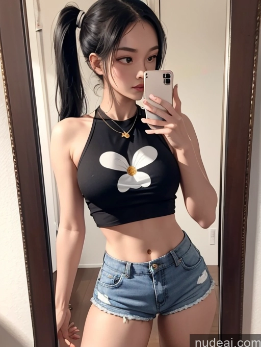 ai nude image of a close up of a woman taking a selfie in a mirror pics of Woman Several Small Tits Beautiful Small Ass Skinny Long Legs Tall Pubic Hair 18 Serious Black Hair Pigtails Japanese Mirror Selfie Front View Daisy Dukes Gold Jewelry Transparent Crop Top