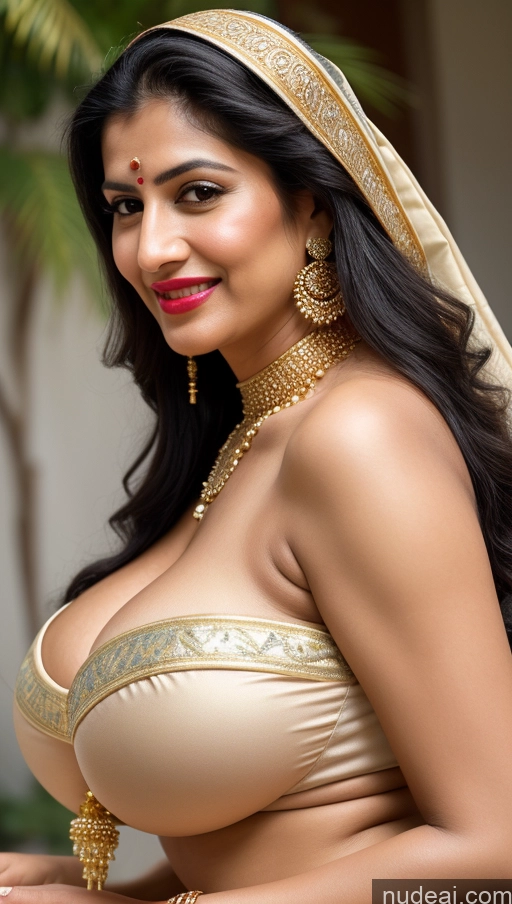 ai nude image of araffed woman in a gold and white sari posing for a picture pics of Woman Busty Huge Boobs Beautiful Lipstick Big Ass Fairer Skin 50s Happy Seductive Sexy Face Black Hair Long Hair Middle Eastern Skin Detail (beta) Sari Traditional Jewelry Gold Jewelry Bright Lighting Close-up View