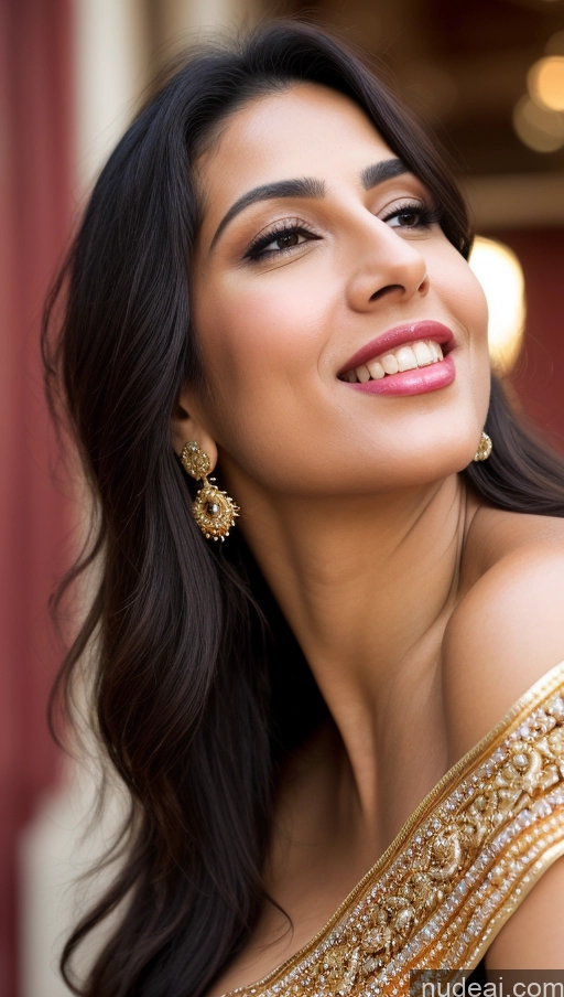 ai nude image of smiling woman in gold dress with gold jewelry and earrings pics of Woman Busty Huge Boobs Beautiful Lipstick Big Ass Fairer Skin 50s Happy Seductive Sexy Face Black Hair Long Hair Middle Eastern Skin Detail (beta) Sari Traditional Jewelry Gold Jewelry Bright Lighting Close-up View