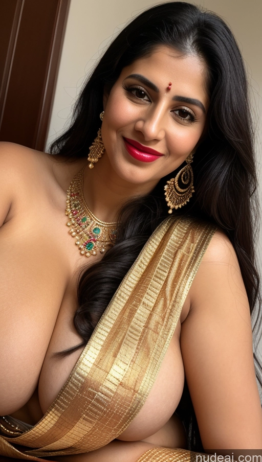 ai nude image of a close up of a woman in a sari posing for a picture pics of Woman Busty Huge Boobs Beautiful Lipstick Big Ass Fairer Skin 50s Happy Seductive Sexy Face Black Hair Long Hair Middle Eastern Skin Detail (beta) Sari Traditional Jewelry Gold Jewelry Bright Lighting Close-up View