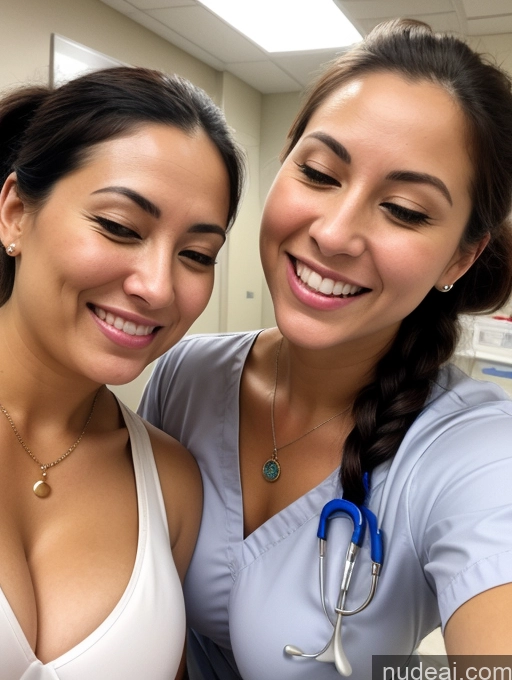 ai nude image of two women in scrubs are smiling and posing for a picture pics of Woman Busty Orgasm Happy Ponytail White Hospital Nurse Cleavage Jewelry Two