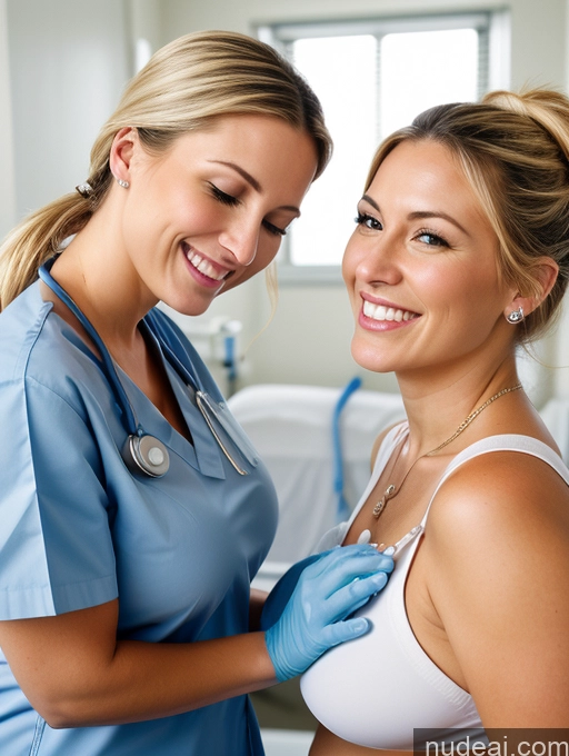 ai nude image of blond woman in blue scrubs and a nurse in white shirt pics of Woman Busty Orgasm Happy Ponytail White Hospital Nurse Cleavage Jewelry Two Blonde