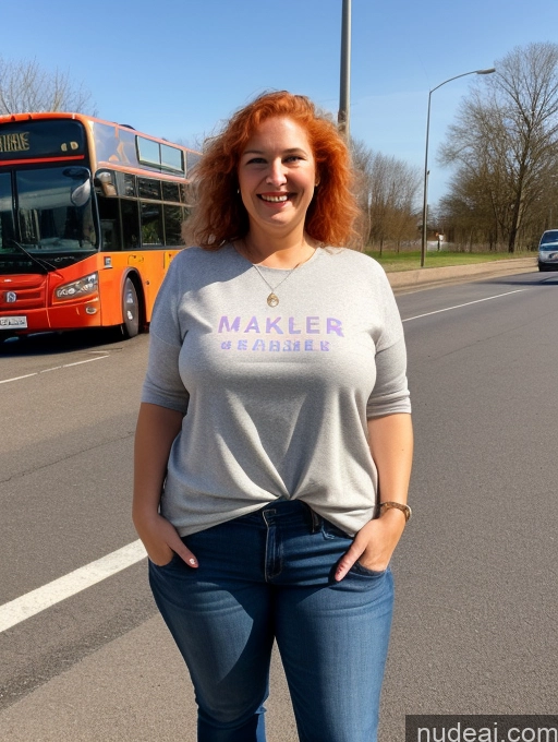 ai nude image of smiling woman standing in front of a bus on a street pics of Milf Chubby Thick Happy Ginger Messy White Skin Detail (beta) Bus Front View Casual Detailed Sexy Face T-pose