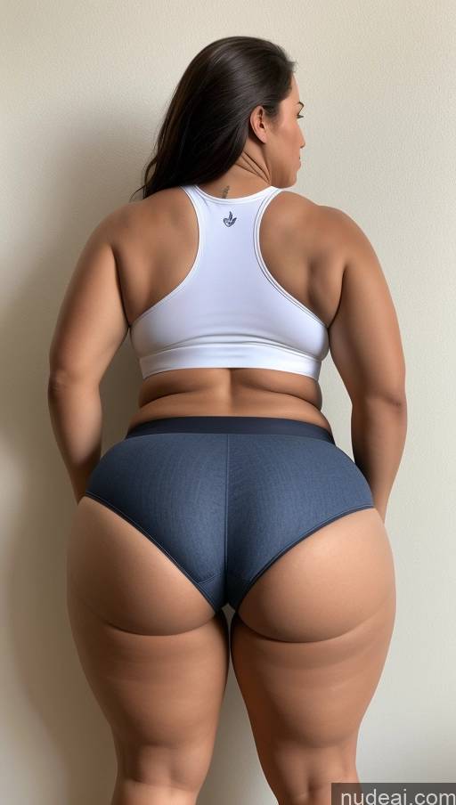 ai nude image of araffe woman in a white top and blue shorts standing against a wall pics of Athlete Big Ass Big Hips Panties Jeans