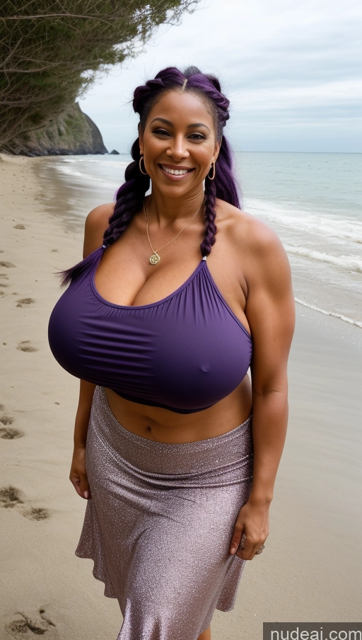 ai nude image of arafed woman in a purple top and skirt on a beach pics of Milf Busty Huge Boobs Beautiful Tattoos Muscular Big Ass Big Hips Tall Dark Skin 50s Beach Front View T-pose Bikini Dark Lighting Sexy Face Braided Happy Thick Purple Hair Long Skirt French Fat