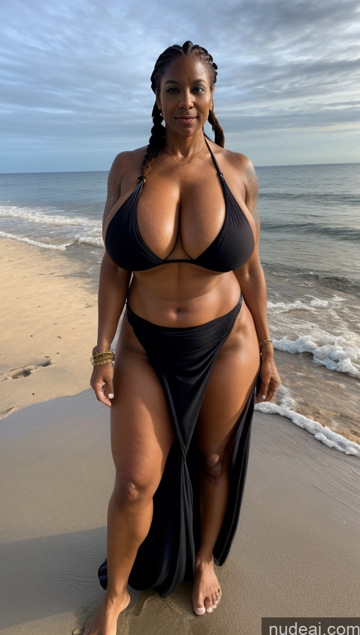 ai nude image of arafed woman in a black bikini standing on a beach pics of Milf Busty Beautiful Tattoos Muscular Big Ass Big Hips Tall Dark Skin 50s Beach Front View T-pose Bikini Dark Lighting Sexy Face Braided Thick Huge Boobs Ginger Abs Indian Seductive Long Skirt