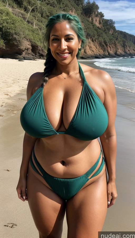 ai nude image of araffe woman in a green bikini posing on the beach pics of Milf Busty Beautiful Tattoos Big Ass Big Hips Tall Dark Skin 50s Beach Front View T-pose Bikini Dark Lighting Sexy Face Thick Indian Huge Boobs Happy Muscular Long Skirt Braided Abs Green Hair