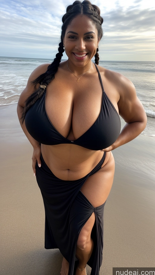 ai nude image of araffe woman in a black bikini posing on the beach pics of Milf Busty Beautiful Tattoos Big Ass Big Hips Tall Beach Front View Bikini Sexy Face Thick Muscular Huge Boobs Dark Lighting Dark Skin Happy T-pose Indian 40s Braided Long Skirt Abs Black Hair