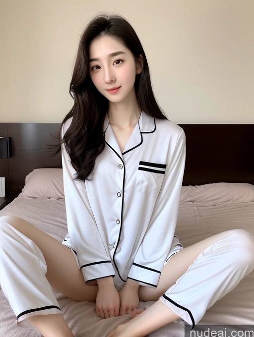 ai nude image of araffe woman sitting on a bed wearing a white pajamas pics of Beautiful Skinny Fairer Skin 18 Black Hair Long Hair Korean Spreading Legs Pajamas