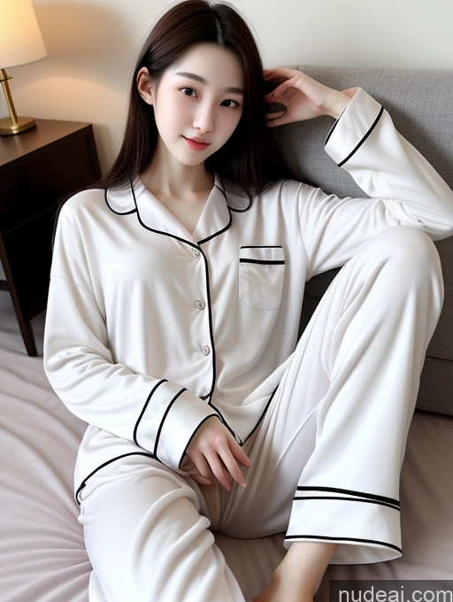 ai nude image of araffe woman in white pajamas sitting on a bed with a lamp pics of Beautiful Skinny Fairer Skin 18 Black Hair Long Hair Korean Spreading Legs Pajamas