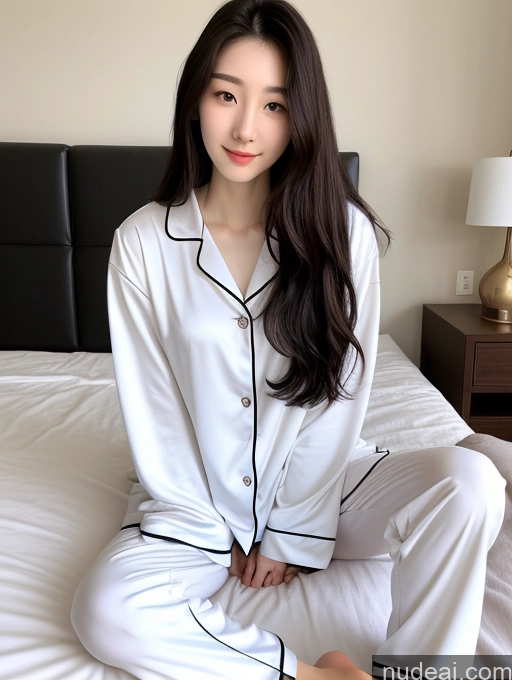 ai nude image of araffe woman sitting on a bed in a white pajamas pics of Beautiful Skinny Fairer Skin 18 Black Hair Long Hair Korean Spreading Legs Pajamas