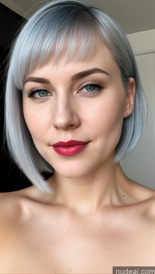 ai nude image of a close up of a woman with a blue hair and a red lipstick pics of Woman One Huge Boobs Beautiful Lipstick Fairer Skin 30s Bobcut Close-up View Simple Detailed White Blue Hair Face Mask