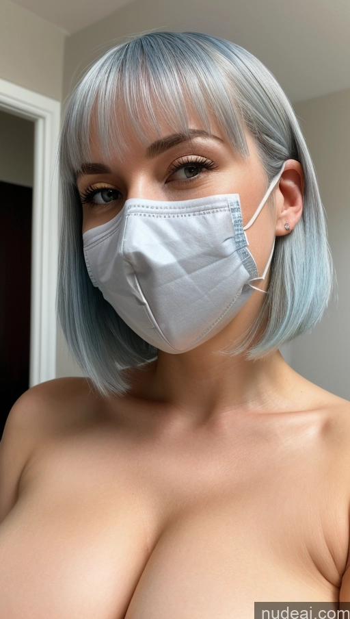 ai nude image of arafed woman with blue hair wearing a face mask pics of Woman One Huge Boobs Beautiful Lipstick Fairer Skin 30s Bobcut Close-up View Simple Detailed White Blue Hair Face Mask