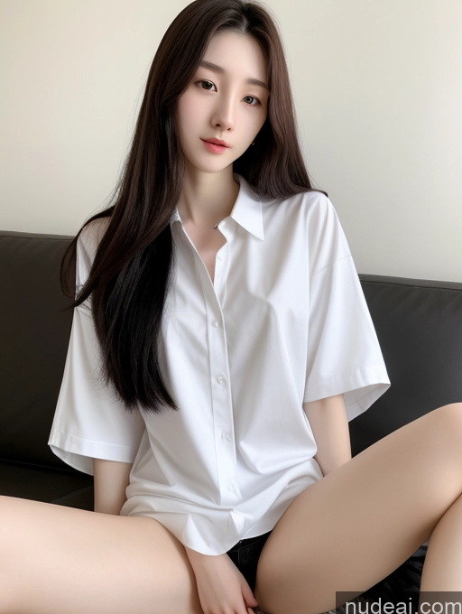 ai nude image of arafed asian woman sitting on a couch wearing a white shirt pics of Beautiful Skinny Fairer Skin 18 Black Hair Long Hair Korean Spreading Legs Shirt