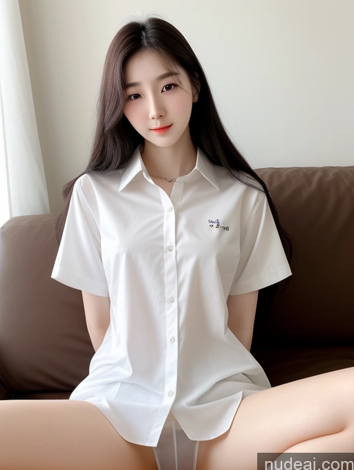 ai nude image of araffe woman in white shirt sitting on a couch with a brown couch pics of Beautiful Skinny Fairer Skin 18 Black Hair Long Hair Korean Spreading Legs Shirt