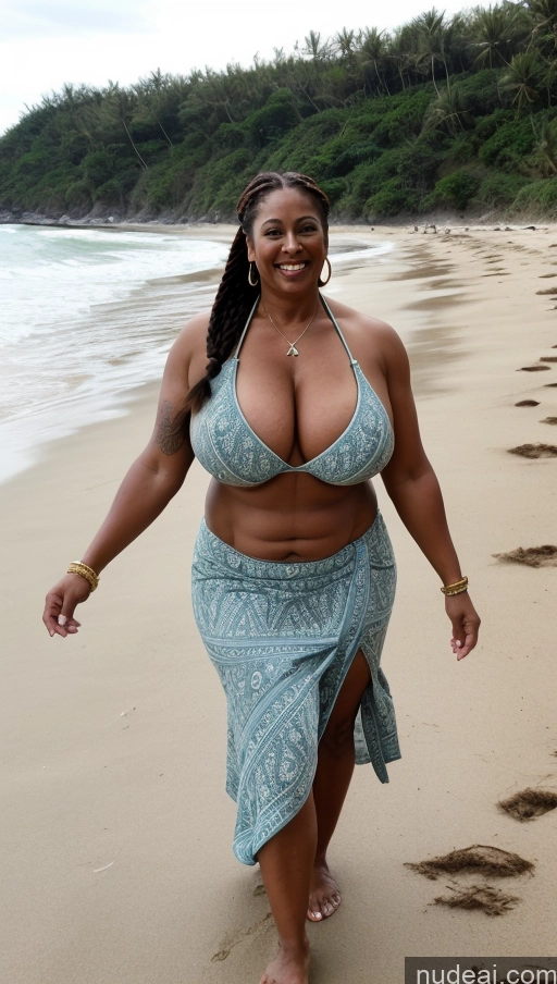 ai nude image of araffe woman in a blue bikini walking on a beach pics of Milf Busty Huge Boobs Beautiful Tattoos Muscular Big Ass Thick Fat Big Hips Tall Dark Skin 50s Laughing Ginger Braided Indian Beach Front View T-pose Bikini Long Skirt Dark Lighting Sexy Face