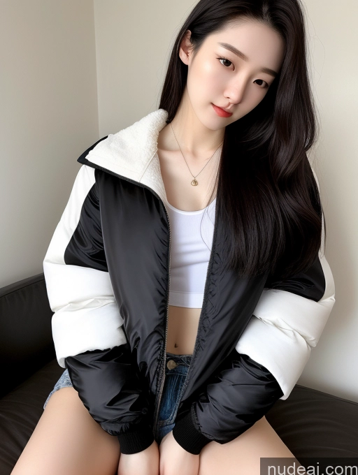 ai nude image of araffed asian woman in a black and white jacket sitting on a bed pics of Beautiful Skinny Fairer Skin 18 Black Hair Long Hair Korean Spreading Legs Jacket