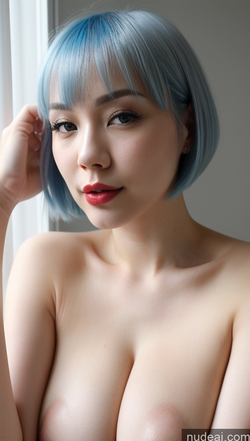 ai nude image of arafed asian woman with blue hair posing naked by a window pics of Woman One Beautiful Lipstick Fairer Skin Bobcut Simple Detailed Blue Hair Close-up View Asian Huge Boobs 20s