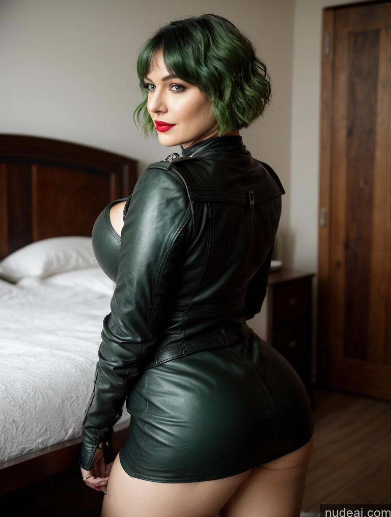 ai nude image of there is a woman in a leather jacket posing in a bedroom pics of Woman One Busty Beautiful Lipstick Big Ass Thick Big Hips 30s Sexy Face Green Hair Short Hair Czech Skin Detail (beta) Bedroom Bending Over Leather Medieval Goth Detailed