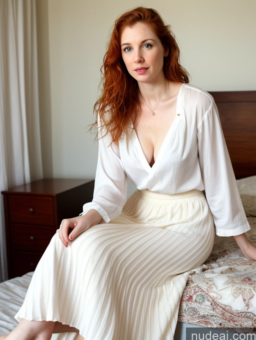 ai nude image of there is a woman sitting on a bed with a white dress pics of 30s Woman One Fairer Skin Small Tits Ginger White Sexy Face Messy Long Skirt Blouse