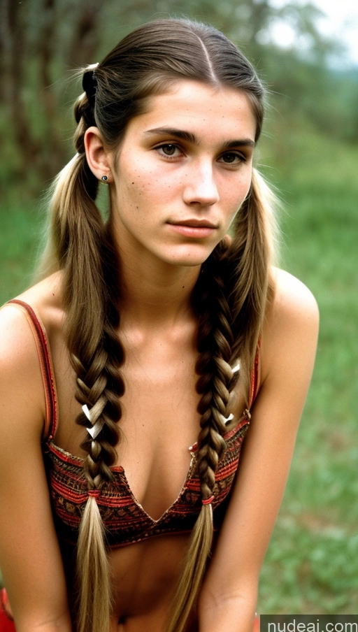 ai nude image of arafed woman with long hair and braids sitting in a field pics of Skinny 18 Pigtails 70s Tribal