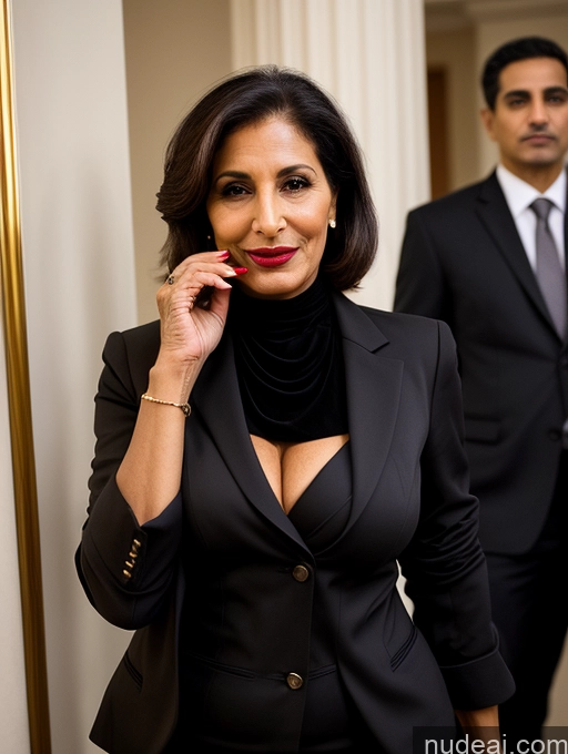 ai nude image of woman in black suit talking on cell phone in hallway with man in background pics of Milf Perfect Boobs Beautiful Lipstick Perfect Body Dark Skin 70s Arabic Party Bra Jacket Professor Secretary Stylish Suit Cleavage Dark Lighting Detailed Sexy Face