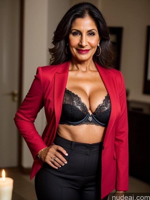 ai nude image of arafed woman in a red jacket and black pants posing for a picture pics of Milf Perfect Boobs Beautiful Lipstick Perfect Body Dark Skin 70s Arabic Party Bra Jacket Professor Secretary Stylish Suit Cleavage Dark Lighting Detailed Sexy Face