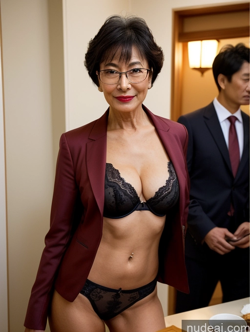 ai nude image of there is a woman in a bra and suit posing for a picture pics of Milf Perfect Boobs Beautiful Glasses Lipstick Perfect Body 70s Pixie Japanese Party Blouse Bra Jacket Professor Secretary Stylish Suit Cleavage Partially Nude Dark Lighting Detailed