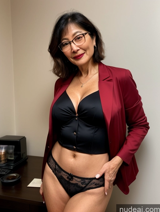 ai nude image of there is a woman in a black bra top and red jacket pics of Milf Perfect Boobs Beautiful Glasses Lipstick Perfect Body 70s Pixie Japanese Party Blouse Bra Jacket Professor Secretary Stylish Suit Cleavage Partially Nude Dark Lighting Detailed