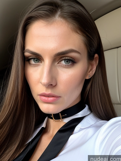 ai nude image of arafed woman in a white shirt and black tie in a car pics of Beautiful Perfect Body Long Legs Tall Fairer Skin Oiled Body 30s Sad Serious Shocked Sexy Face Seductive Long Hair Hungarian Flight Attendant Model Angry Choker High Heels