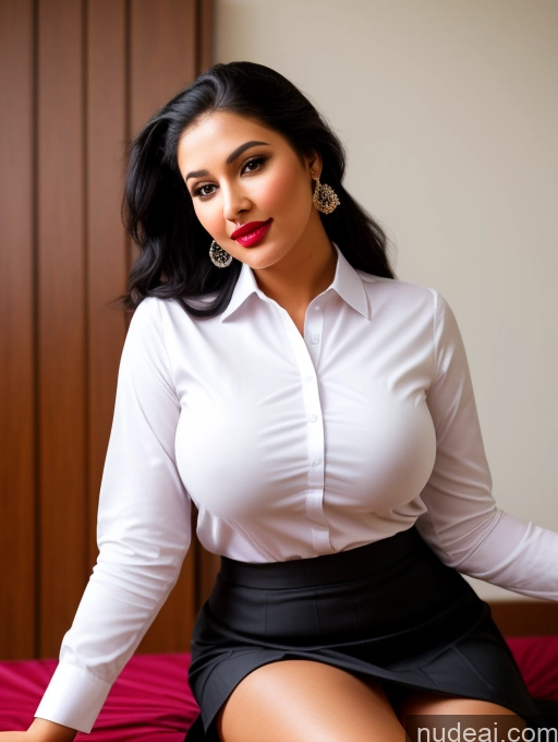 ai nude image of there is a woman sitting on a bed wearing a skirt pics of Woman One Perfect Boobs Beautiful Lipstick Big Ass Chubby Long Legs Perfect Body 30s Happy Seductive Pouting Lips Black Hair Ponytail Indian Dress Long Skirt Polo Shirt On Back Teacher Suit Party