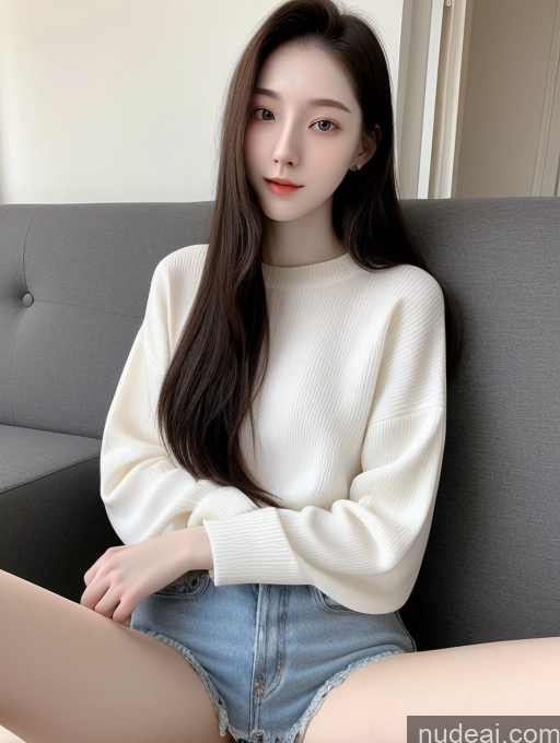 ai nude image of araffed woman sitting on a couch with a laptop computer pics of Korean Long Hair Black Hair 18 Fairer Skin Skinny Beautiful Spreading Legs Stylish