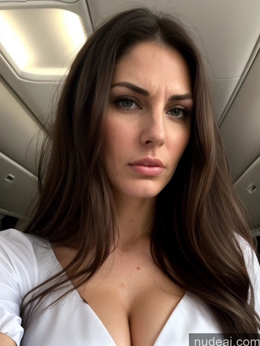 ai nude image of arafed woman with long brown hair and a white shirt pics of Beautiful Perfect Body Long Legs Tall Fairer Skin Oiled Body 30s Sad Serious Shocked Sexy Face Seductive Long Hair Hungarian Flight Attendant Model Angry Chemise