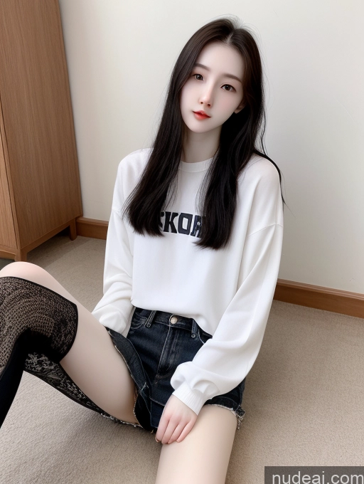 ai nude image of araffed woman sitting on the floor wearing a white shirt and black stockings pics of Korean Long Hair Black Hair 18 Fairer Skin Skinny Beautiful Spreading Legs Stylish