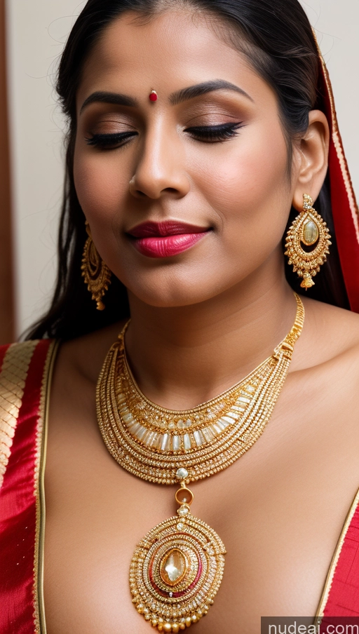 ai nude image of a close up of a woman wearing a red and gold outfit pics of Woman Busty Huge Boobs Beautiful Lipstick Big Ass Fairer Skin 50s Orgasm Black Hair Long Hair Indian Skin Detail (beta) Traditional Sari Jewelry Gold Jewelry Bright Lighting Detailed Thong Close-up View