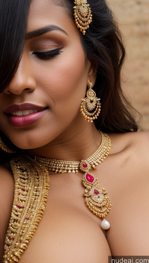 ai nude image of a close up of a woman wearing a gold necklace and earrings pics of Woman Busty Huge Boobs Beautiful Lipstick Big Ass Fairer Skin 50s Orgasm Black Hair Long Hair Indian Skin Detail (beta) Traditional Sari Jewelry Gold Jewelry Bright Lighting Detailed Thong Close-up View