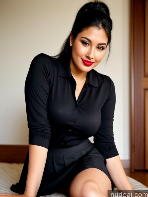 ai nude image of there is a woman sitting on a bed with a black shirt pics of Woman One Perfect Boobs Beautiful Lipstick Big Ass Chubby Long Legs Perfect Body 30s Happy Seductive Pouting Lips Black Hair Ponytail Indian Dress Long Skirt Polo Shirt On Back Teacher Suit Party