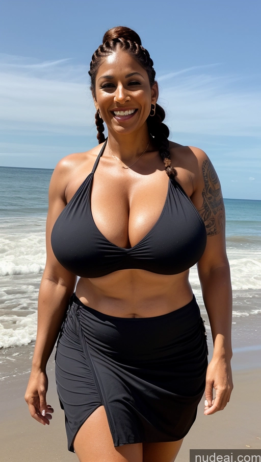 ai nude image of araffe woman in a black bikini and a black skirt on the beach pics of Milf Busty Huge Boobs Beautiful Tattoos Muscular Big Ass Thick Big Hips Tall Laughing Ginger Braided Indian Beach Front View Dark Lighting Sexy Face Dark Skin Bikini Working Out Fat 40s Long Skirt