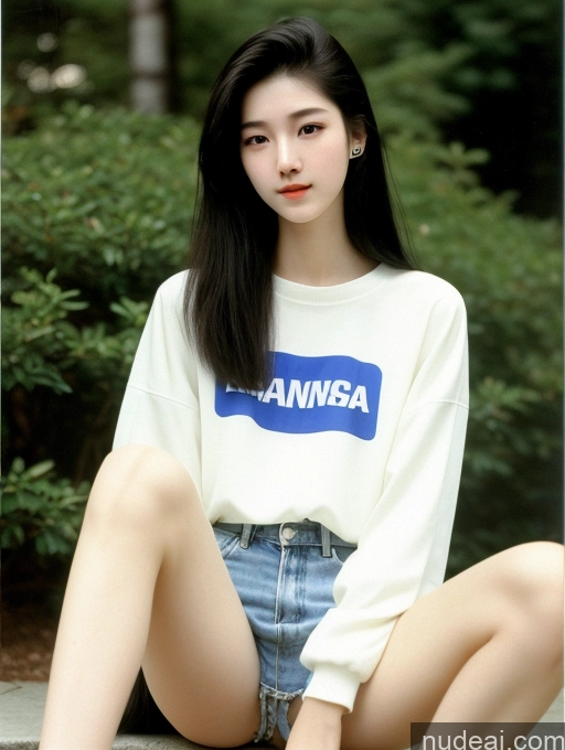 ai nude image of a close up of a woman sitting on a ledge with a shirt on pics of Beautiful Skinny Perfect Body Fairer Skin 18 Black Hair Long Hair Korean Spreading Legs 80s