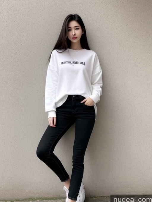 ai nude image of araffe woman in a white sweatshirt and black jeans leaning against a wall pics of Beautiful Skinny Perfect Body Fairer Skin 18 Black Hair Long Hair Korean Spreading Legs Casual