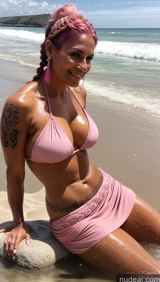 ai nude image of araffe woman in pink bikini sitting on a rock on the beach pics of Milf Busty Beautiful Tattoos Muscular Big Ass Big Hips Tall Laughing Braided Indian Beach Front View Dark Lighting Sexy Face Dark Skin Bikini 50s Pink Hair Long Skirt Abs Perfect Body Perfect Boobs Bathing