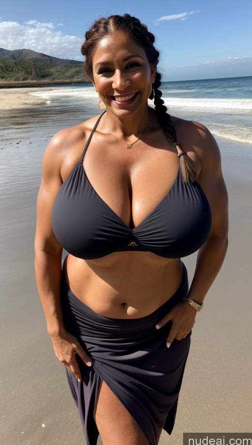 ai nude image of arafed woman in a black bikini standing on a beach pics of Milf Busty Beautiful Muscular Big Ass Big Hips Tall Braided Indian Beach Dark Lighting Sexy Face Bikini 50s T-pose Tattoos Happy Front View Abs Ginger Huge Boobs Long Skirt Dark Skin