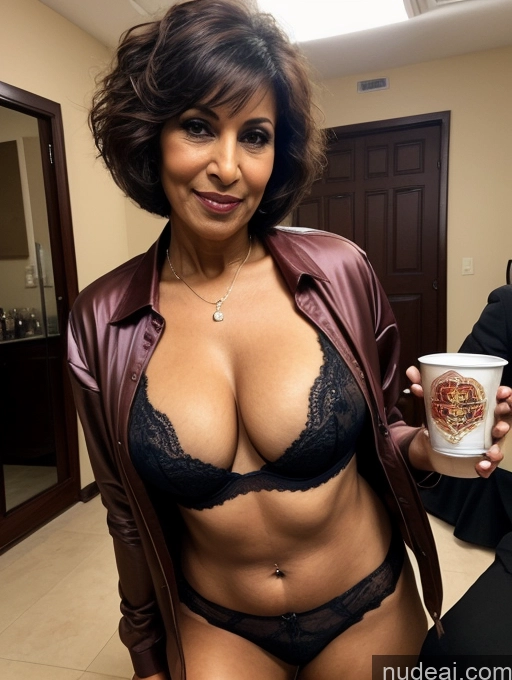 ai nude image of there is a woman in a black bra top and a brown jacket pics of Milf Perfect Boobs Beautiful Perfect Body Pubic Hair Short Hair Dark Skin 70s Arabic Party Blouse Bra Jacket Shirt Stylish Suit Partially Nude Dark Lighting Detailed Sexy Face