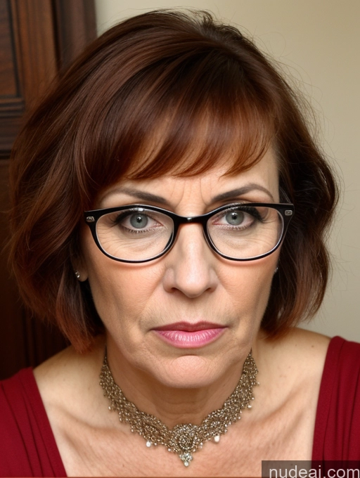 ai nude image of there is a woman with glasses and a necklace on her neck pics of Milf Busty Skinny Short Pregnant Lipstick 50s Serious Angry Shocked Ginger Short Hair Glasses Jewish Front View Dress Medieval Traditional Pearl Jewelry